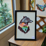 Cadre Brodé Deco Loup & Paysage de Montagne 21 x 29.7 cm