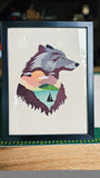 Cadre Brodé Deco Loup & Paysage de Montagne 21 x 29.7 cm